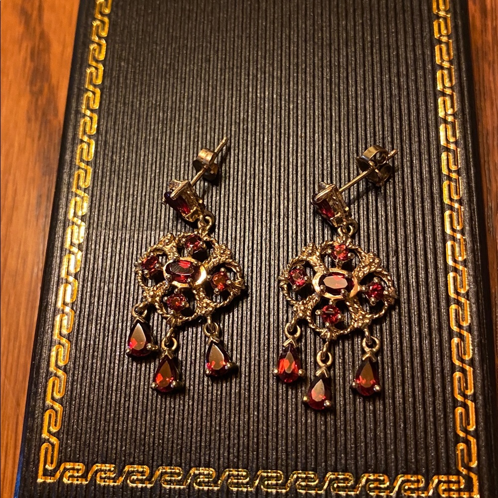 Gold Chandelier Drop Earrings with Pyrope Garnets: - Picture 3 of 5
